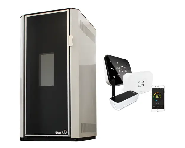 Pachet control de la distanta Termosemineu pe peleti Fornello Lidya 25 kW, pompa Grundfos, vas expansiune, telecomanda, arzator inox, sistem curatare mecanica si termostat Wi-Fi Salus IT 500