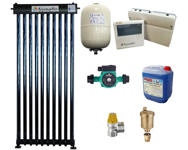 Pachet Economic Sistem solar presurizat, panou Fornello 10 Tuburi Heat Pipe pompa 25-60, controller, vas expansiune, antigel, supapa 1/2, aerisitor 1/2