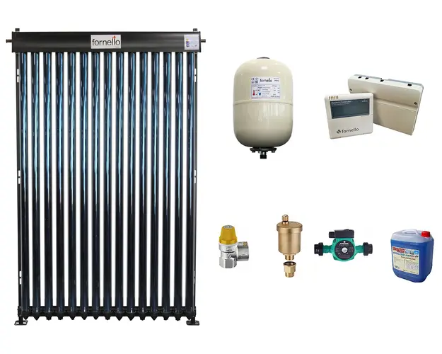 Pachet Economic Sistem solar presurizat, panou Fornello 15 Tuburi Heat Pipe, pompa 25-60, controller, vas expansiune, antigel, supapa 1/2, aerisitor 1/2