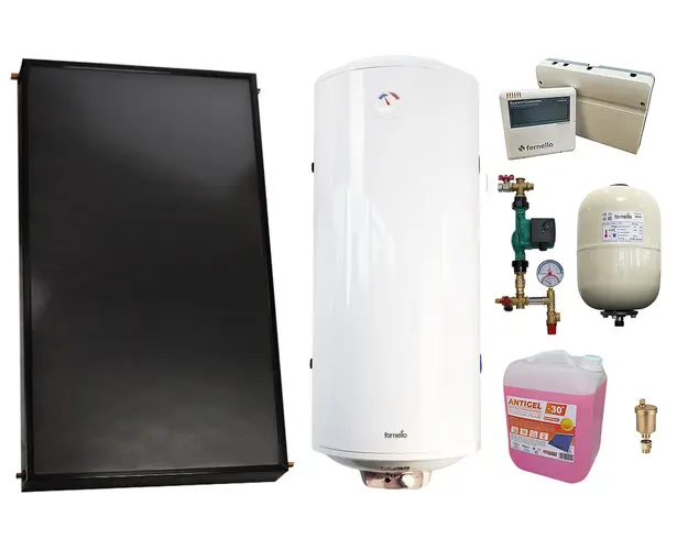 Pachet economic sistem solar presurizat, Panou solar plan Fornello 2.0 m² SPFP, Boiler termoelectric tanc in tanc Fornello Titanium Plus 120 litri, grup pompare, controller, vas expansiune, antigel, aerisitor 1/2