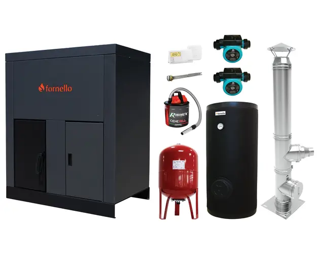 Pachet format din Centrala pe peleti Fornello Eco Energy 35 kW, Pompe circulare, Vas Expansiune, Boiler termoelectric de sol, Cos inox, Termostat ambient si Aspirator cenusa