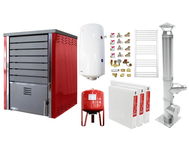 Pachet incalzire si apa calda 2 camere Centrala pe lemne FORNELLO SAUNA RED 30 kw echipata cu pompa de circulare, cos inox, boiler termoelectric 100l, vas expansiune, kit montaj si calorifere