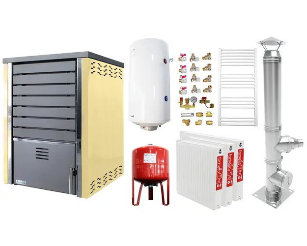 Pachet incalzire si apa calda 2 camere Centrala pe lemne FORNELLO SAUNA CREAM 30 kw echipata cu pompa de circulare, cos inox, boiler termoelectric 100l, vas expansiune, kit montaj si calorifere