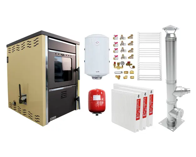 Pachet incalzire si apa calda 2 camere Termosemineu pe lemne FORNELLO TOROS 29 kw pe combustibil solid ( lemn,carbune,bricheti ), cos inox, boiler termoelectric 100l, vas expansiune, calorifere si kit montaj