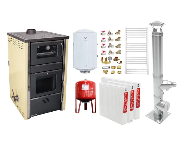 Pachet incalzire si apa calda 2 camere Termosemineu FORNELLO AVANOS 32 kw Ivory pe combustibil solid ( lemn,carbune,bricheti ), cos inox, boiler termoelectric 100l, vas expansiune, calorifere si kit montaj