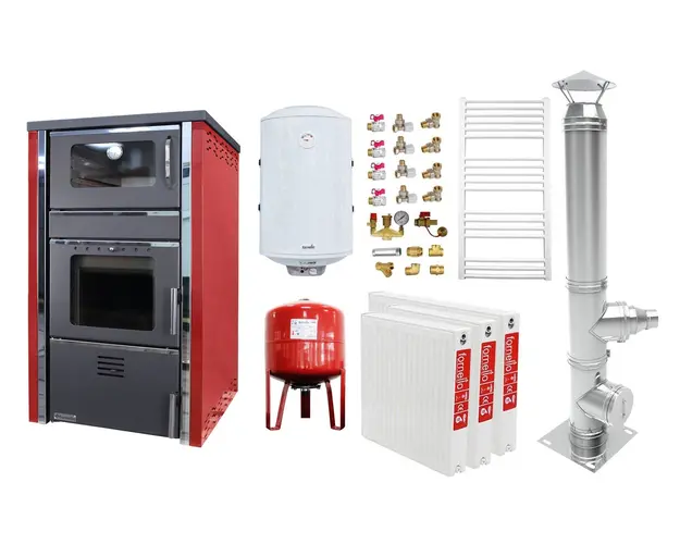 Pachet incalzire si apa calda 2 camere Termosemineu FORNELLO AVANOS 32 kw Red pe combustibil solid ( lemn,carbune,bricheti ), cos inox, boiler termoelectric 100l, vas expansiune, calorifere si kit montaj