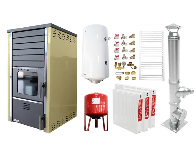Pachet incalzire si apa calda 2 camere Termosemineu FORNELLO SUPERNOVA CREAM 38 KW pe combustibil solid ( lemn,carbune,bricheti ), echipat cu pompa de circulare, cos inox, boiler termoelectric 100l, vas expansiune, kit montaj si calorifere