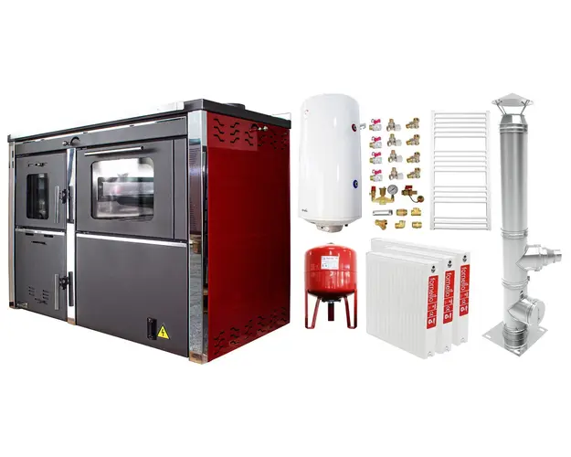 Pachet incalzire si apa calda 2 camere Termosemineu FORNELLO STAR Red 34 kw pe combustibil solid prevazut cu plita si cuptor pentru gatit, echipat cu pompa de circulare, cos inox, boiler termoelectric 100l, vas expansiune, kit montaj si calorifere