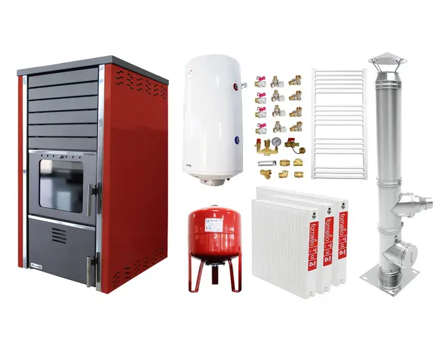 Pachet incalzire si apa calda 2 camere Termosemineu FORNELLO SUPERNOVA RED 38 KW pe combustibil solid ( lemn,carbune,bricheti ), echipat cu pompa de circulare, cos inox, boiler termoelectric 100l, vas expansiune, kit montaj si calorifere