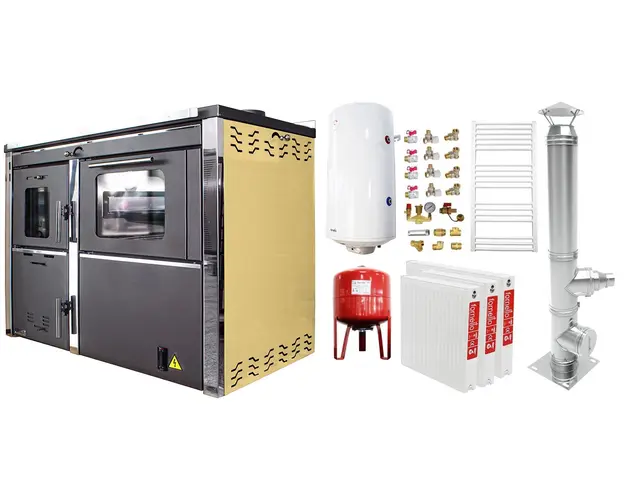 Pachet incalzire si apa calda 2 camere Termosemineu FORNELLO STAR CREAM 34 kw pe combustibil solid prevazut cu plita si cuptor pentru gatit, echipat cu pompa de circulare, cos inox, boiler termoelectric 100l, vas expansiune, kit montaj si calorifere
