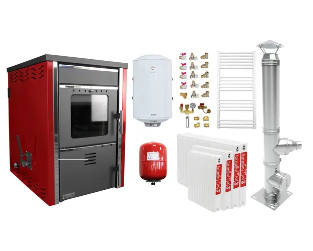 Pachet incalzire si apa calda 3 camere Termosemineu pe lemne FORNELLO TOROS 29 kw Bordeaux pe combustibil solid ( lemn,carbune,bricheti ), cos inox, boiler termoelectric 100l, vas expansiune, calorifere si kit montaj