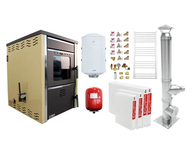 Pachet incalzire si apa calda 3 camere Termosemineu pe lemne FORNELLO TOROS 29 kw Ivory pe combustibil solid ( lemn,carbune,bricheti ), cos inox, boiler termoelectric 100l, vas expansiune, calorifere si kit montaj