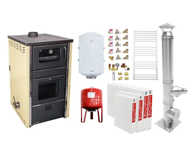 Pachet incalzire si apa calda 3 camere Termosemineu FORNELLO AVANOS 32 kw Ivory pe combustibil solid ( lemn,carbune,bricheti ), cos inox, boiler termoelectric 100l, vas expansiune, calorifere si kit montaj