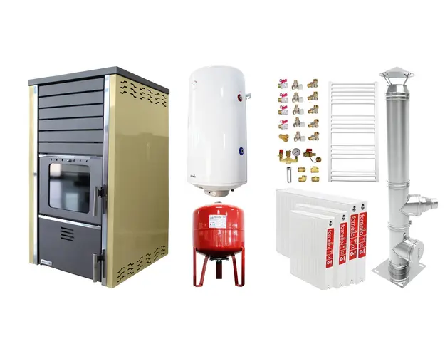 Pachet incalzire si apa calda 3 camere Termosemineu FORNELLO SUPERNOVA CREAM 38 KW pe combustibil solid ( lemn,carbune,bricheti ), echipat cu pompa de circulare, cos inox, boiler termoelectric 100l, vas expansiune, kit montaj si calorifere