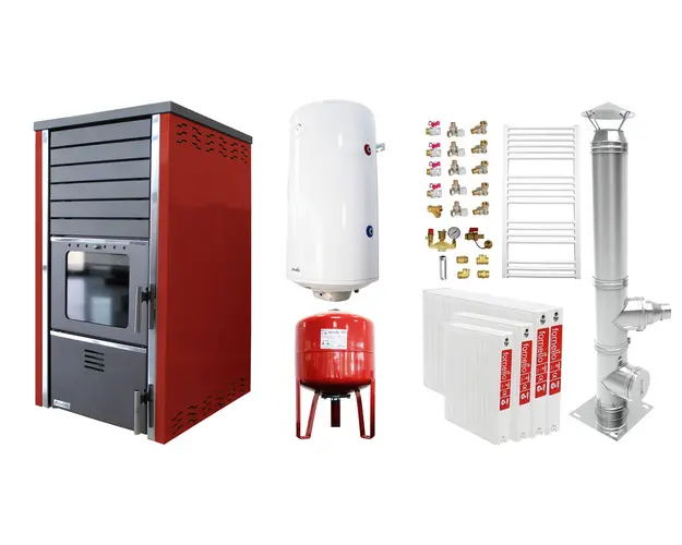 Pachet incalzire si apa calda 3 camere Termosemineu FORNELLO SUPERNOVA RED 38 KW pe combustibil solid ( lemn,carbune,bricheti ), echipat cu pompa de circulare, cos inox, boiler termoelectric 100l, vas expansiune, kit montaj si calorifere