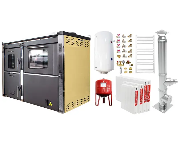Pachet incalzire si apa calda 3 camere Termosemineu FORNELLO STAR CREAM 34 kw pe combustibil solid prevazut cu plita si cuptor pentru gatit, echipat cu pompa de circulare, cos inox, boiler termoelectric 100l, vas expansiune, kit montaj si calorifere