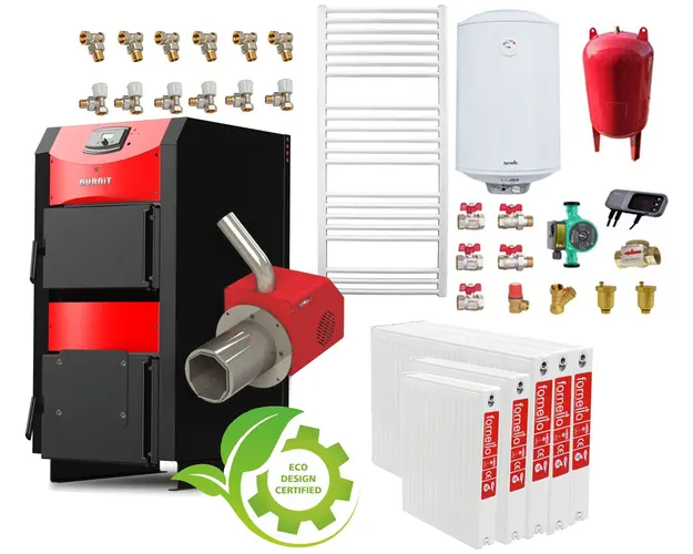 Pachet incalzire si apa calda 4 camere Centrala mixta combustibil solid si peleti Burnit NWB PRIME 30 kW si Arzator pe peleti Pell Eco 35 kW, calorifere, ventilator, automatizare, serpentina racire, flansa arzator, pompa circulatie 25-60, vas expansi