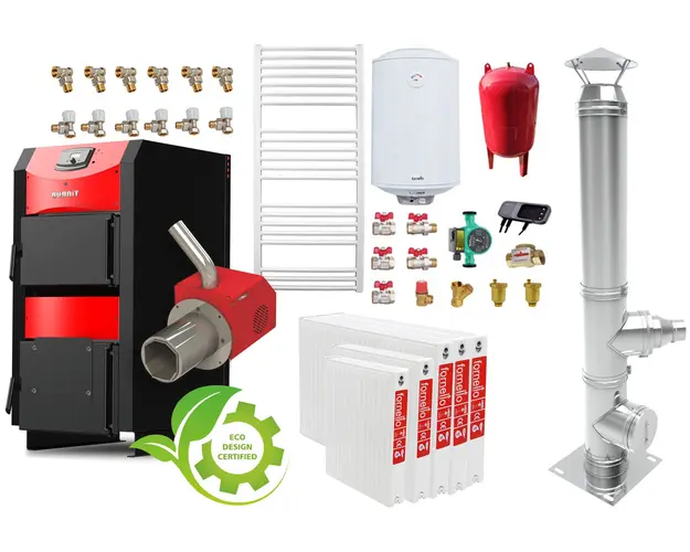 Pachet incalzire si apa calda 4 camere Centrala mixta combustibil solid si peleti Burnit NWB PRIME 30 kW si Arzator pe peleti Pell Eco 35 kW, calorifere, cos inox, ventilator, automatizare, serpentina racire, flansa arzator, pompa circulatie 25-60, v