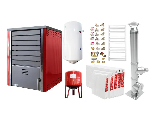Pachet incalzire si apa calda 4 camere Centrala pe lemne FORNELLO SAUNA RED 30 kw echipata cu pompa de circulare, cos inox, boiler termoelectric 100l, vas expansiune, kit montaj si calorifere