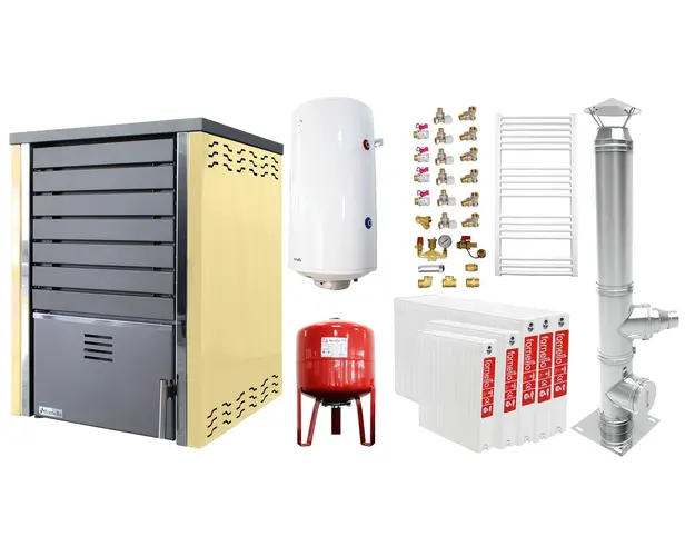 Pachet incalzire si apa calda 4 camere Centrala pe lemne FORNELLO SAUNA CREAM 30 kw echipata cu pompa de circulare, cos inox, boiler termoelectric 100l, vas expansiune, kit montaj si calorifere