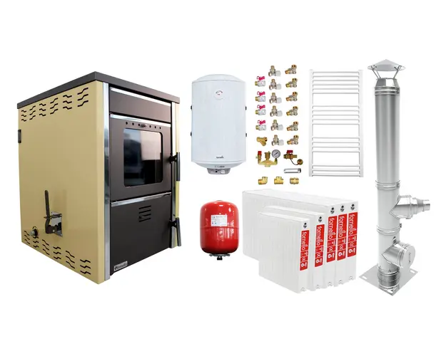 Pachet incalzire si apa calda 4 camere Termosemineu pe lemne FORNELLO TOROS 29 kw Ivory pe combustibil solid ( lemn,carbune,bricheti ), cos inox, boiler termoelectric 100l, vas expansiune, calorifere si kit montaj