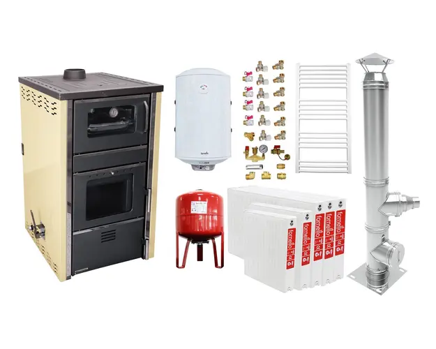 Pachet incalzire si apa calda 4 camere Termosemineu FORNELLO AVANOS 32 kw Ivory pe combustibil solid ( lemn,carbune,bricheti ), cos inox, boiler termoelectric 100l, vas expansiune, calorifere si kit montaj
