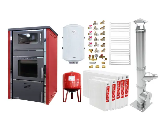 Pachet incalzire si apa calda 4 camere Termosemineu FORNELLO AVANOS 32 kw Red pe combustibil solid ( lemn,carbune,bricheti ), cos inox, boiler termoelectric 100l, vas expansiune, calorifere si kit montaj