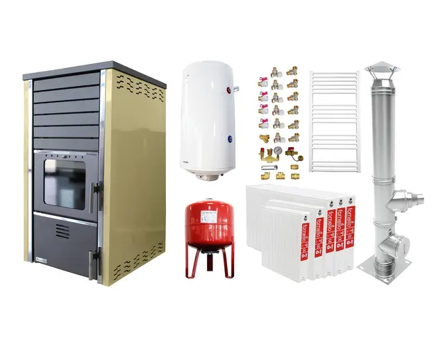 Pachet incalzire si apa calda 4 camere Termosemineu FORNELLO SUPERNOVA CREAM 38 KW pe combustibil solid ( lemn,carbune,bricheti ), echipat cu pompa de circulare, cos inox, boiler termoelectric 100l, vas expansiune, kit montaj si calorifere