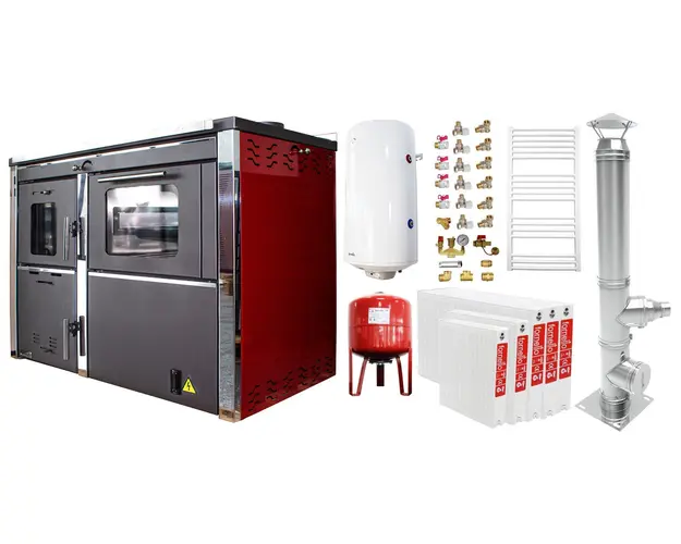 Pachet incalzire si apa calda 4 camere Termosemineu FORNELLO STAR Red 34 kw pe combustibil solid prevazut cu plita si cuptor pentru gatit, echipat cu pompa de circulare, cos inox, boiler termoelectric 100l, vas expansiune, kit montaj si calorifere