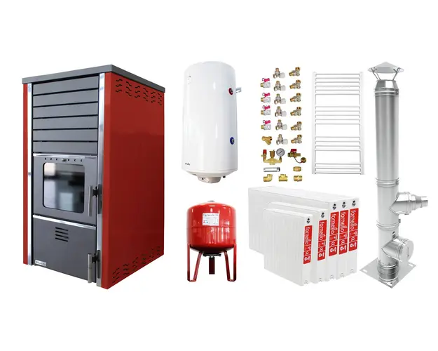 Pachet incalzire si apa calda 4 camere Termosemineu FORNELLO SUPERNOVA RED 38 KW pe combustibil solid ( lemn,carbune,bricheti ), echipat cu pompa de circulare, cos inox, boiler termoelectric 100l, vas expansiune, kit montaj si calorifere