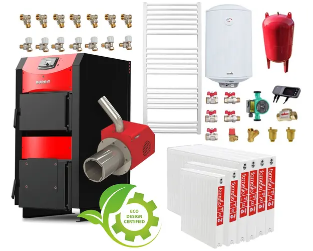 Pachet incalzire si apa calda 5 camere Centrala mixta combustibil solid si peleti Burnit NWB PRIME 40 kW si Arzator pe peleti Pell Eco 35 kW, ventilator si automatizare, serpentina racire, flansa arzator, calorifere, pompa circulatie 25-60, vas expan