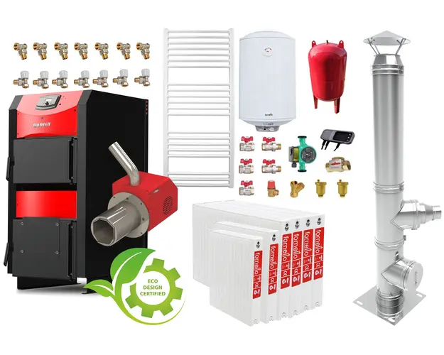 Pachet incalzire si apa calda 5 camere Centrala mixta combustibil solid si peleti Burnit NWB PRIME 40 kW si Arzator pe peleti Pell Eco 35 kW, calorifere, cos inox, ventilator si automatizare, serpentina racire, flansa arzator, pompa circulatie 25-60,