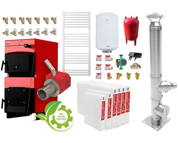 Pachet incalzire si apa calda 5 Centrala mixta combustibil solid si peleti Burnit NWB MAX 45 kW si Arzator pe peleti Pell Eco 35 kW, calorifere, cos inox, pompa circulatie evp 25-60, vas expansiune 50 l, boiler termoelectric Fornello 100 l si fitingu