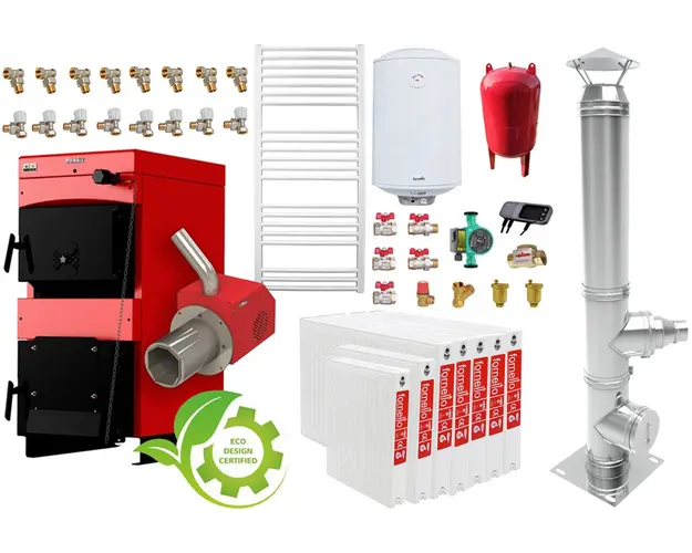 Pachet incalzire si apa calda 6 camere Centrala mixta combustibil solid si peleti Burnit NWB MAX 55 kW si Arzator pe peleti Pell Eco 35 kW, calorifere, cos inox, pompa circulatie evp 25-60, vas expansiune 50 l, boiler termoelectric Fornello 120 l si 