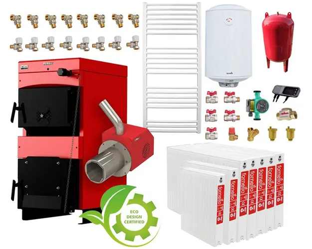 Pachet incalzire si apa calda 6 camere Centrala mixta combustibil solid si peleti Burnit NWB MAX 55 kW si Arzator pe peleti Pell Eco 35 kW, calorifere, pompa circulatie evp 25-60, vas expansiune 50 l, boiler termoelectric Fornello 120 l si fitinguri 