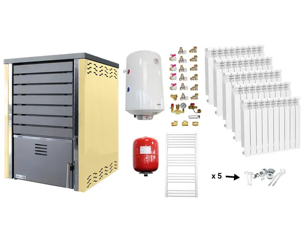 Pachet incalzire si apa calda Centrala pe lemne FORNELLO SAUNA CREAM 30 kw echipata cu pompa de circulare, calorifere aluminiu, boiler termoelectric 100l, vas expansiune si kit montaj
