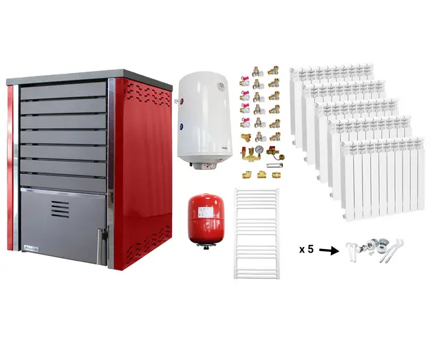 Pachet incalzire si apa calda Centrala pe lemne FORNELLO SAUNA RED 30 kw echipata cu pompa de circulare, calorifere aluminiu, boiler termoelectric 100l, vas expansiune si kit montaj