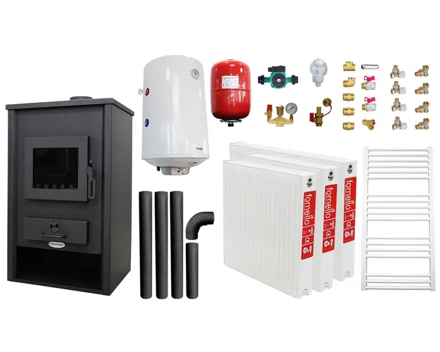 ﻿﻿﻿﻿Pachet incalzire si apa calda pentru 2 camere Termosemineu pe lemne, brichete si carbune Fornello PADOVA E, 19.4 kW, 510x500x910 mm, boiler termoelectric 80l, vas expansiune, pompa circulare, calorifere, kit evacuare si kit montaj