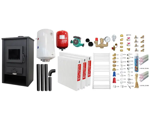 ﻿﻿Pachet incalzire si apa calda pentru 2 camere Termosemineu pe lemne, brichete si carbune Fornello PADOVA E, 19.4 kW, 510x500x910 mm, teava PPR si fitinguri, boiler termoelectric 80l, vas expansiune, pompa circulare, calorifere, kit evacuare si kit 