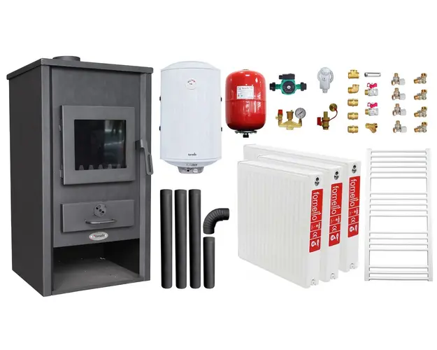 Pachet incalzire si apa calda pentru 2 camere Termosemineu pe lemne, brichete si carbune Fornello B2E, 14 kW, 46x45x91 cm, boiler termoelectric 80l, vas expansiune, pompa circulatie, kit evacuare, calorifere si kit montaj