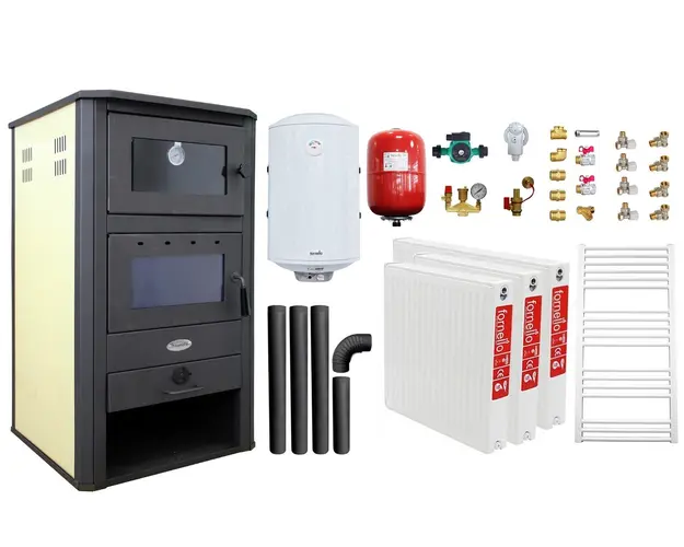 Pachet incalzire si apa calda pentru 2 camere Termosemineu pe lemne, brichete si carbune Fornello MILANO E, 24 KW, cuptor, Ivory, 580x560x1060 mm, boiler termoelectric 100l, vas expansiune, pompa circulatie, calorifere, kit evacuare si kit montaj