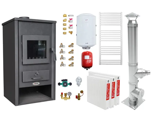 Pachet incalzire si apa calda pentru 2 camere Termosemineu pe lemne, brichete si carbune Fornello B2E, 14 kW, 46x45x91 cm, cos inox, boiler termoelectric 80l, vas expansiune, pompa circulatie, calorifere si kit montaj