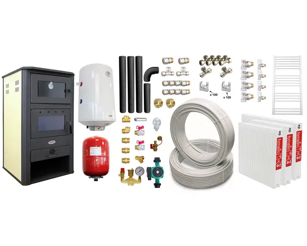 Pachet incalzire si apa calda pentru 2 camere Termosemineu pe lemne, brichete si carbune Fornello MILANO E, 24 KW, cuptor, Ivory, 580x560x1060 mm, boiler termoelectric 100l, teava, vas expansiune, pompa circulatie, calorifere, kit evacuare si fitingu
