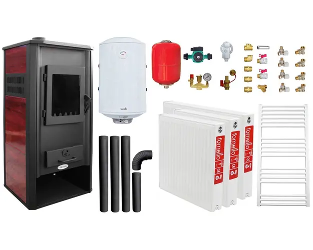 Pachet incalzire si apa calda pentru 2 camere Termosemineu pe lemne, brichete si carbune Fornello Roma E, 22 kW, 49x45x103 cm, boiler termoelectric 100l, vas expansiune, pompa circulatie, kit evacuare, calorifere si kit montaj