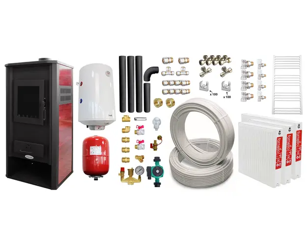 Pachet incalzire si apa calda pentru 2 camere Termosemineu pe lemne, brichete si carbune Fornello Roma E, 22 kW, 49x45x103 cm, teava, boiler termoelectric 100l, vas expansiune, pompa circulatie, kit evacuare, calorifere si fitinguri