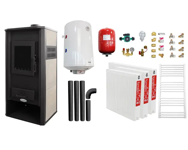 Pachet incalzire si apa calda pentru 2 camere Termosemineu pe lemne, brichete si carbune Fornello Roma E, Ivory, 22 kW, 49x45x103 cm, boiler termoelectric 100l, vas expansiune, pompa circulatie, kit evacuare, calorifere si kit montaj 
