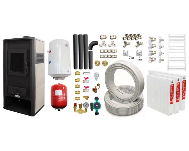 Pachet incalzire si apa calda pentru 2 camere Termosemineu pe lemne, brichete si carbune Fornello Roma E, Ivory, 22 kW, 49x45x103 cm, teava, boiler termoelectric 100l, vas expansiune, pompa circulatie, kit evacuare, calorifere si fitinguri