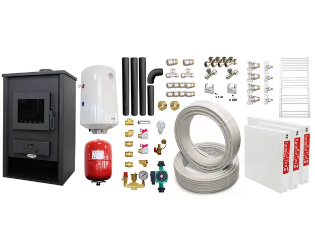 Pachet incalzire si apa calda pentru 2 camere Termosemineu pe lemne, brichete si carbune Fornello PADOVA E, 19.4 kW, 510x500x910 mm, boiler termoelectric 80l, teava, vas expansiune, pompa circulare, calorifere, kit evacuare si fitinguri