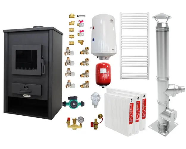 Pachet incalzire si apa calda pentru 2 camere Termosemineu pe lemne, brichete si carbune Fornello Padova E, 19.4 kW, 510x500x910 mm, cos inox, boiler termoelectric 80l, vas expansiune, pompa circulare, calorifere si kit montaj