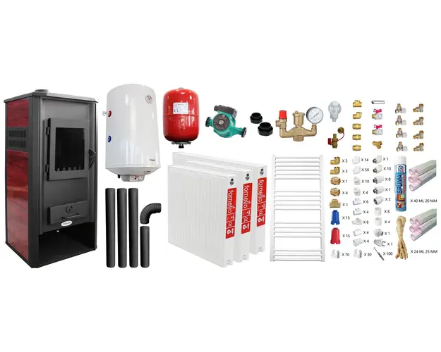 Pachet incalzire si apa calda pentru 2 camere Termosemineu pe lemne, brichete si carbune Fornello Roma E, 22 kW, 49x45x103 cm, teava PPR cu fitinguri, boiler termoelectric 100l, vas expansiune, pompa circulatie, kit evacuare, calorifere si kit montaj